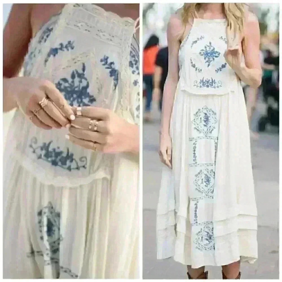 Rare Free People Diamonds in the Sky Dress | Ivory & Blue Embroidered Boho Midi - Picture 6 of 16